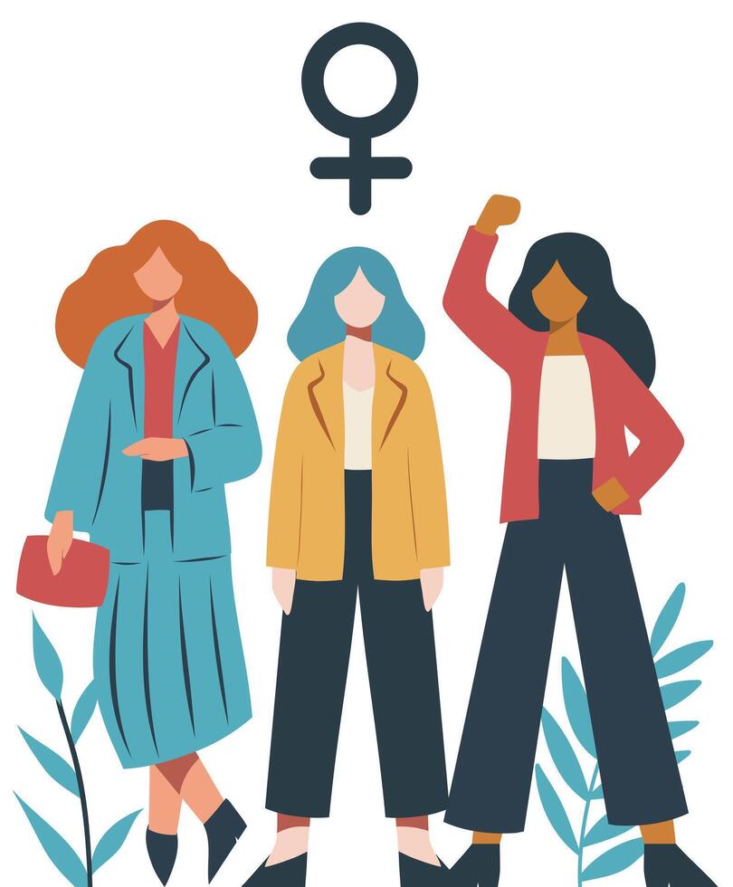 Trendy flat illustration strong women stand together. Concept of feminism gender equality protection and freedom of women and empowerment of women. postcard in flat style vector