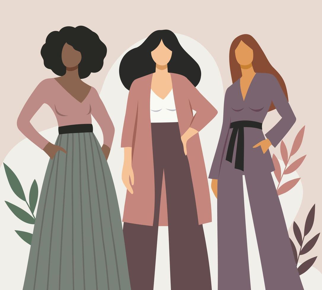 Women's day. Feminism. flat design of different women standing together as a sign of solidarity, equality, strength and unity. Suitable for women empowerment campaigns vector