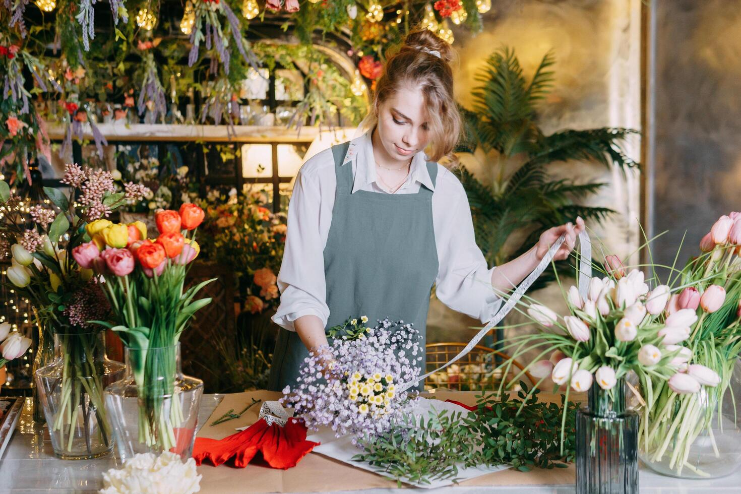 A woman in her florist shop collects bouquets of flowers. The concept of a small business. Bouquets of tulips for the holiday on March 8. photo