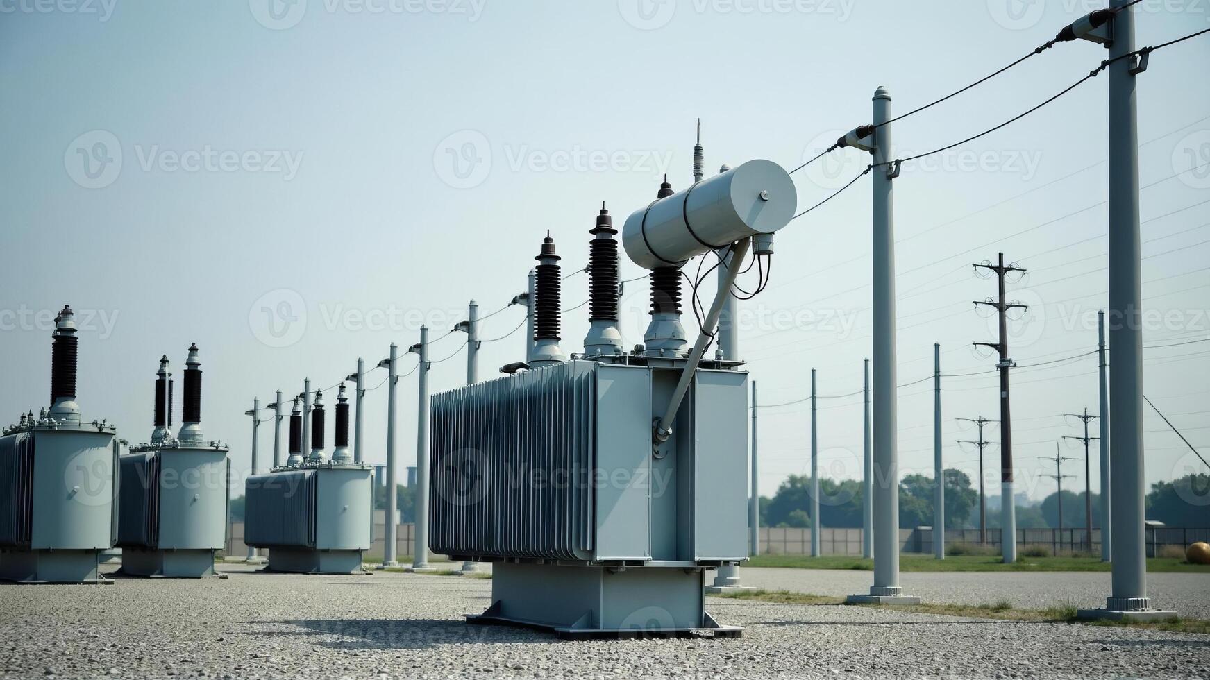 A transformer at an electrical substation. Transmission of electricity. photo