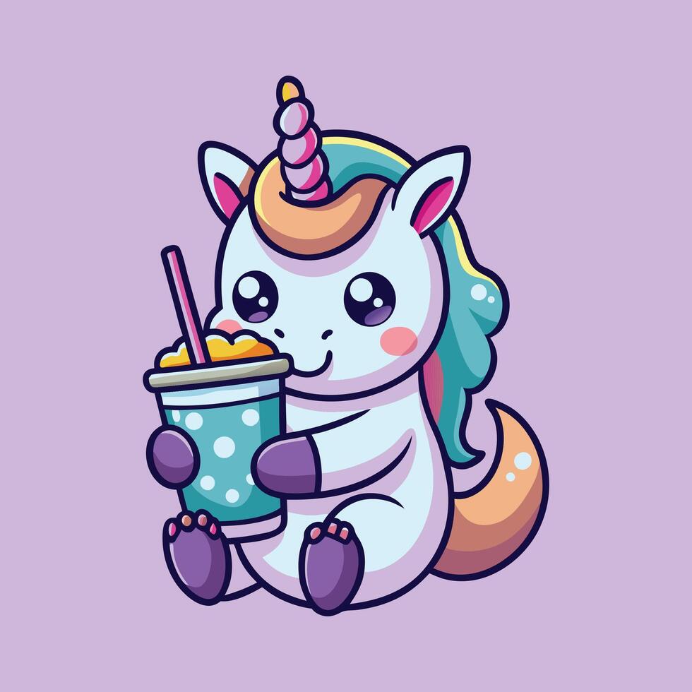 Cute Unicorn Drinking Boba Milk Tea With Rainbow Cartoon Icon Illustration. Animal Drink Icon vector