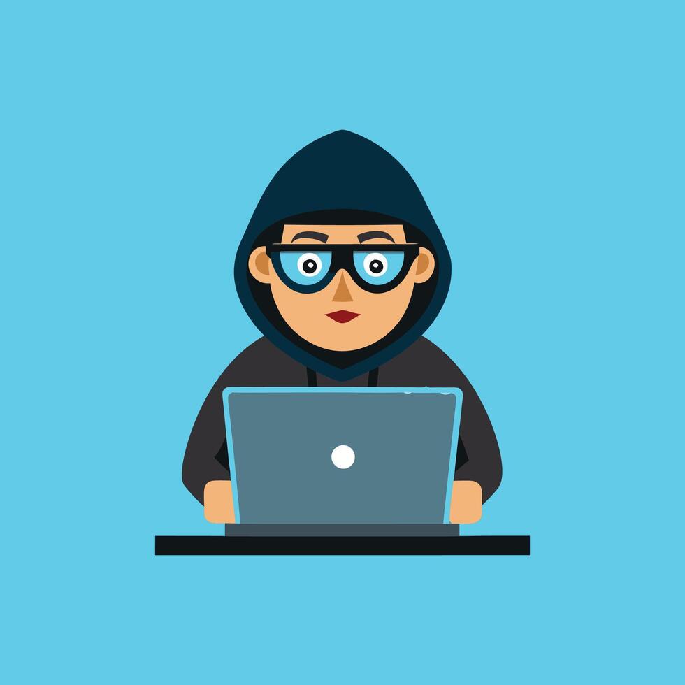 Hacker Operating A Laptop Cartoon Icon Illustration. Technology Icon Concept Isolated . Flat Cartoon Style vector
