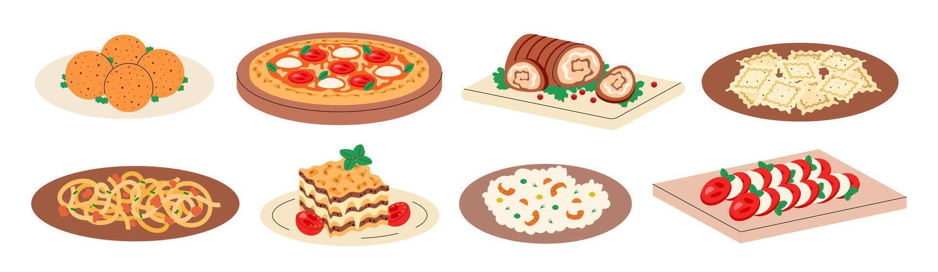 Set Italian cuisine, food, dish. Pizza, lasagna, pasta tagliatelle bolognese, ravioli, risotto, arancini, porchetta, caprese. Sticker collection. illustration vector