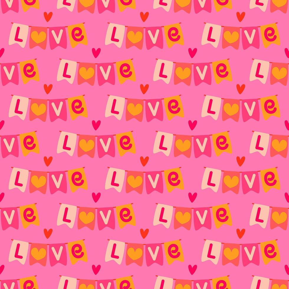 Seamless holiday pattern with garland of flags. Flat illustration on pink background for valentine's day, wedding. vector
