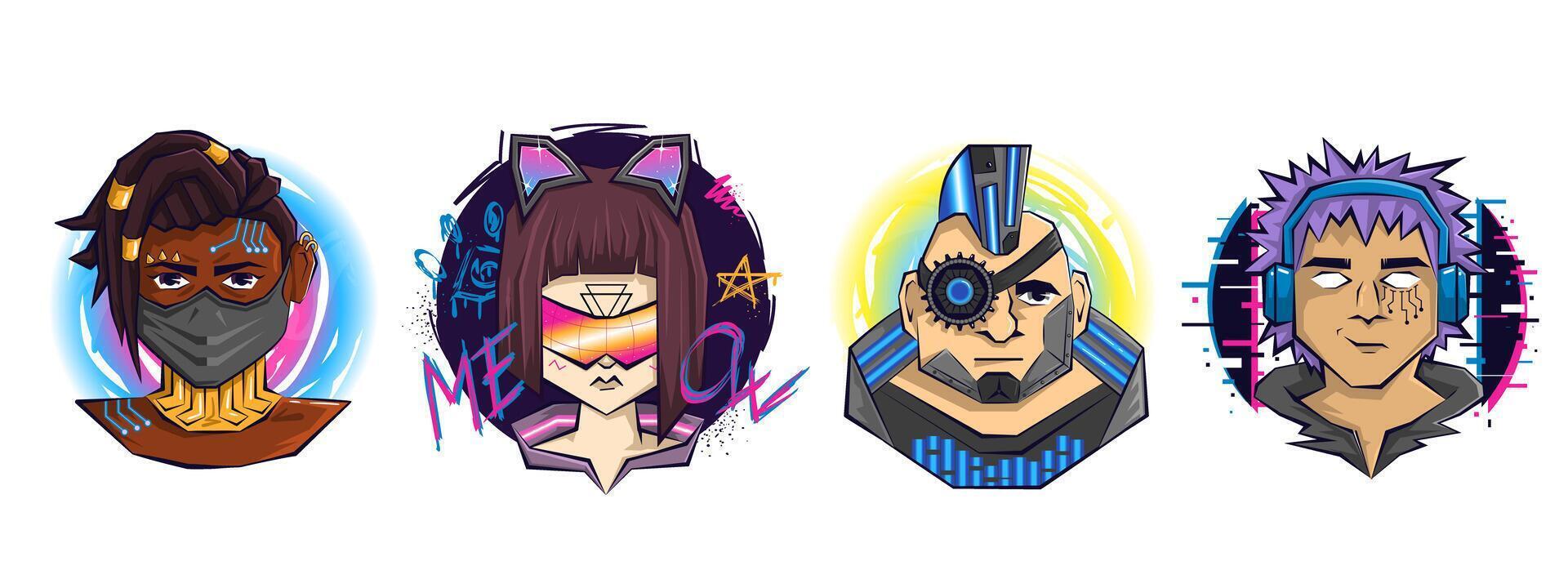 set of futuristic cyberpunk female and male avatars. Cartoon portraits with augmented reality and digital interface on graffiti background with punk symbols, glitch, gears, steampunk mechanics vector