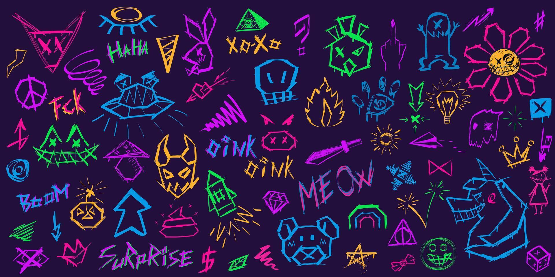 Set of neon creepy graffiti in trendy street style Y2K. Collection of abstract lettering , quick sketches of evil animals, angular chaotic lines, dirty ink symbols vector