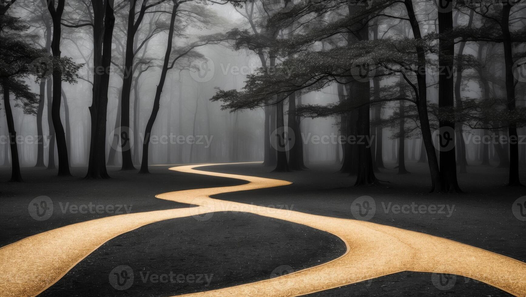 A road in the middle of a forest with a yellow line photo