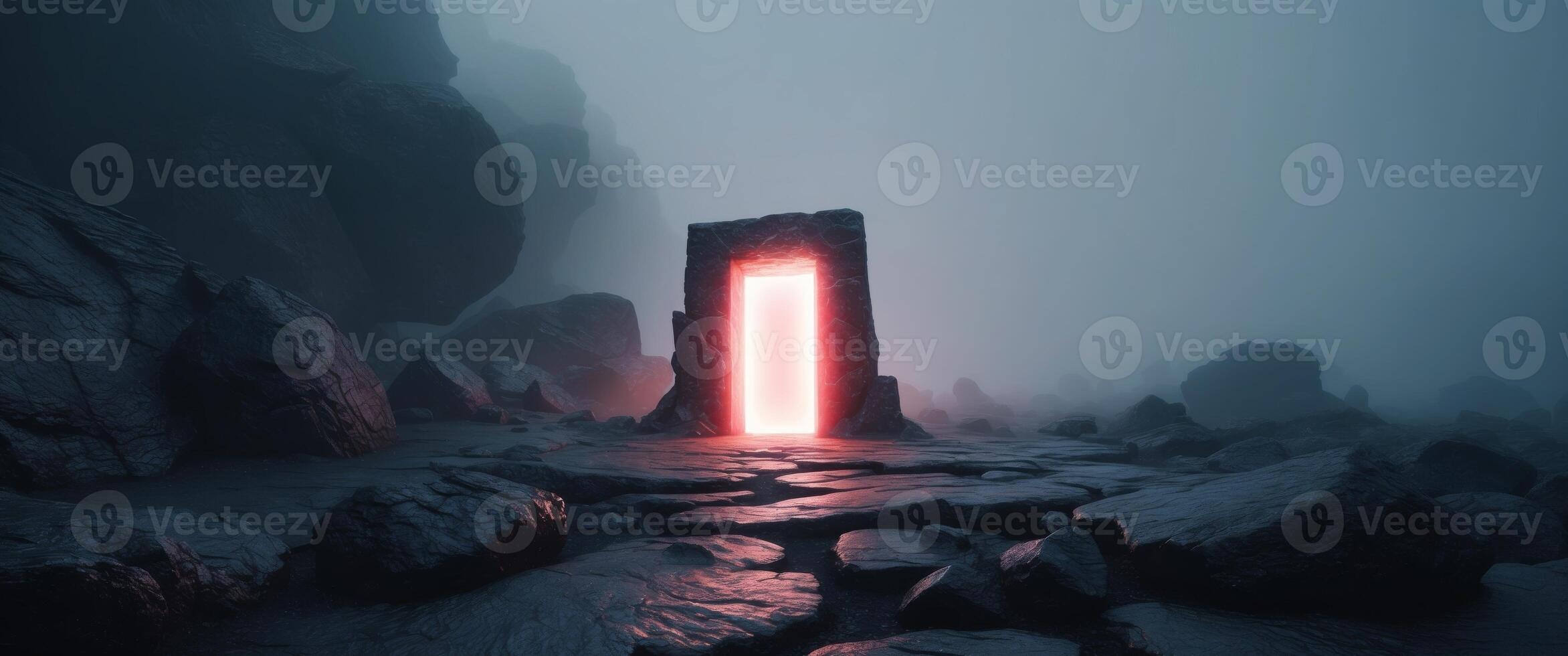 A door in the middle of a cave with a red light photo