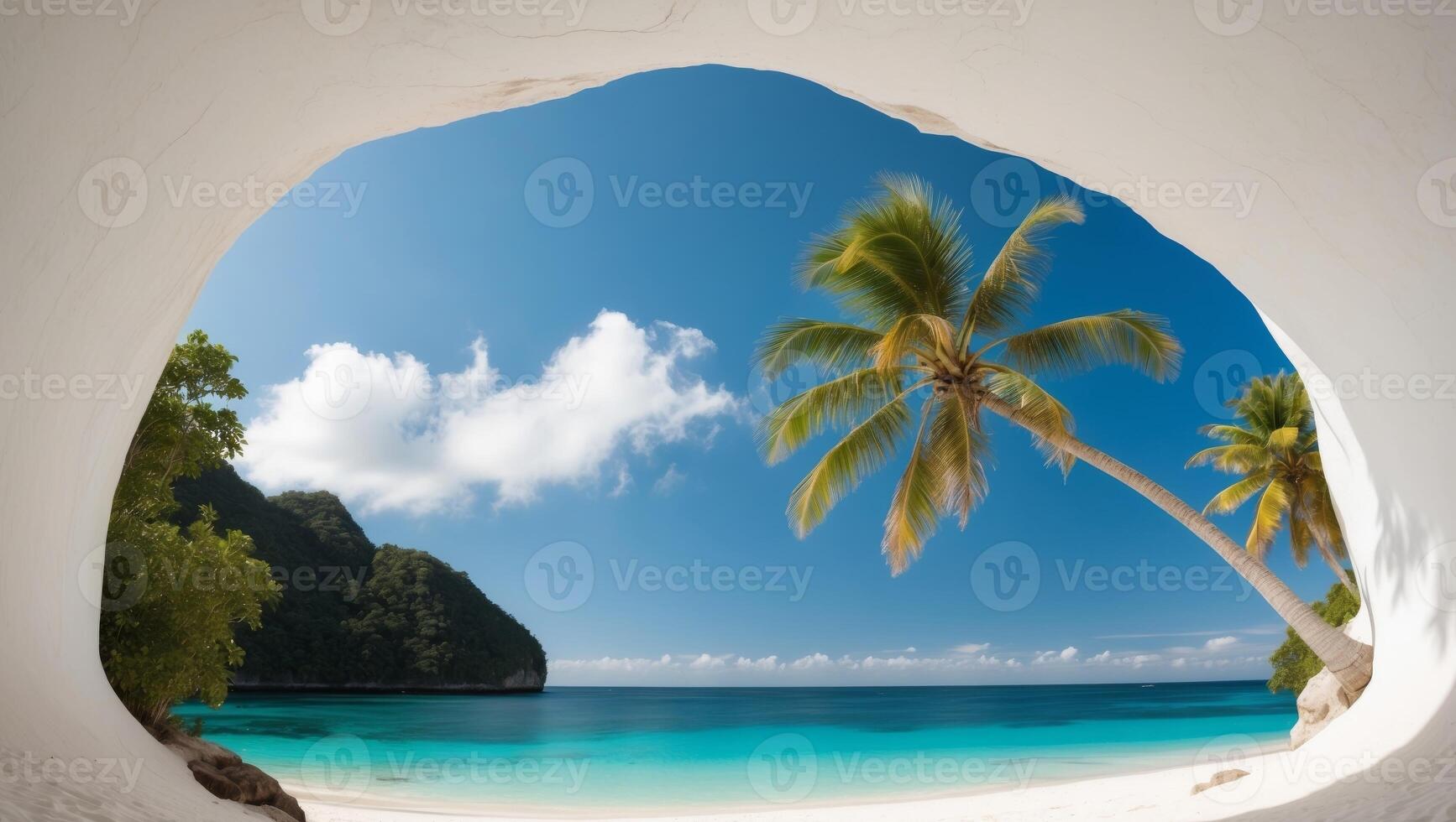 A view of a beach through a hole in the ground photo