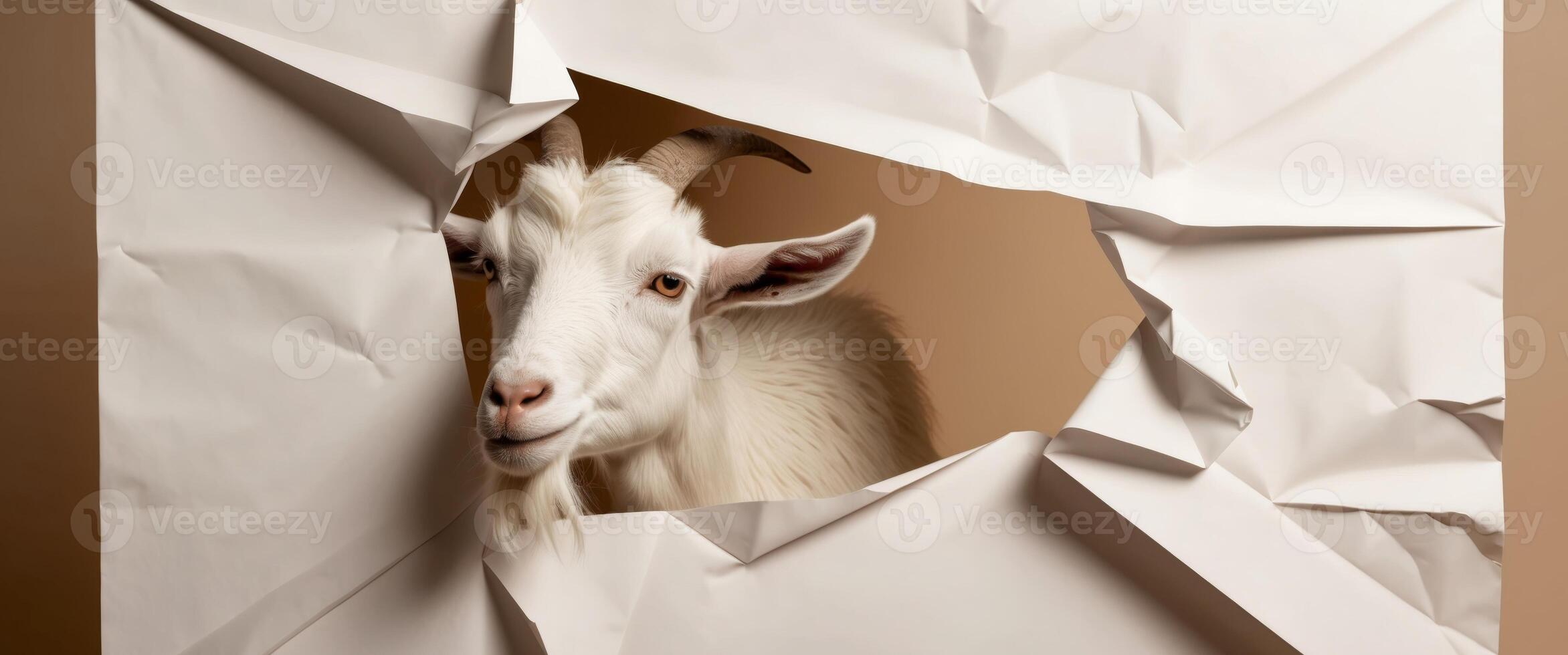 A goat peeking out of a hole in a paper photo