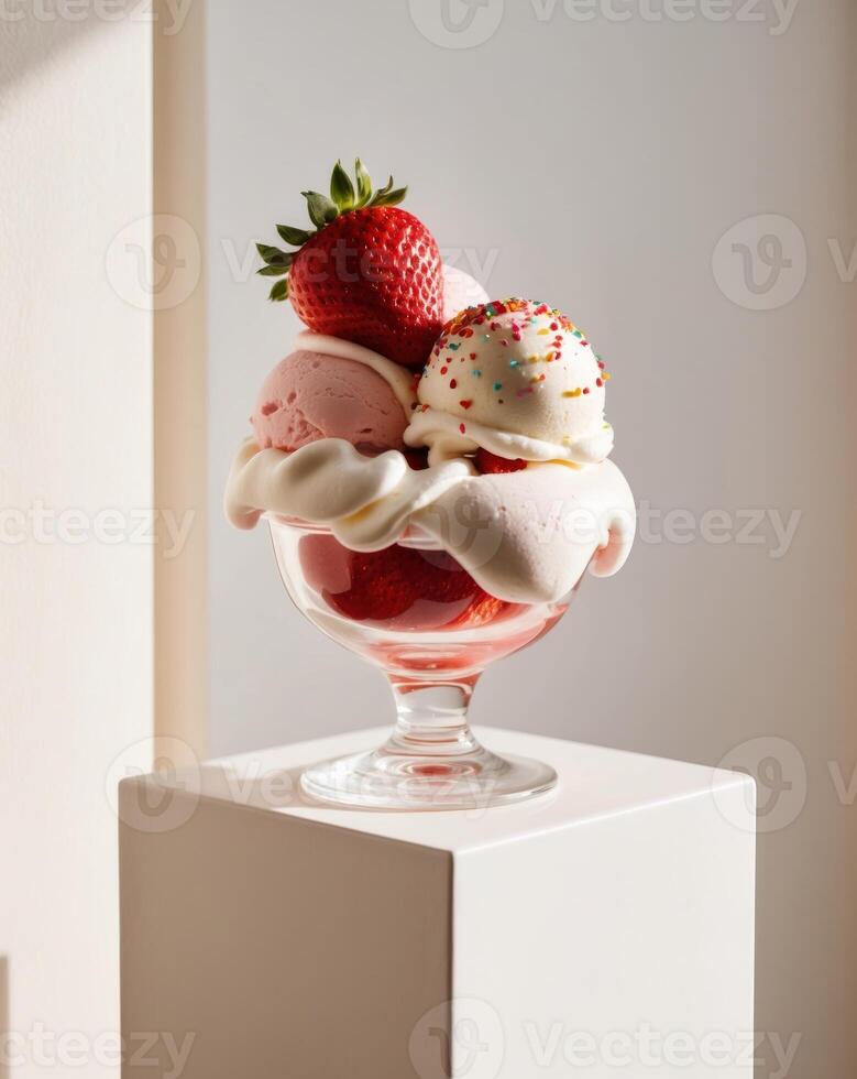 A strawberry sundae with ice cream and toppings photo