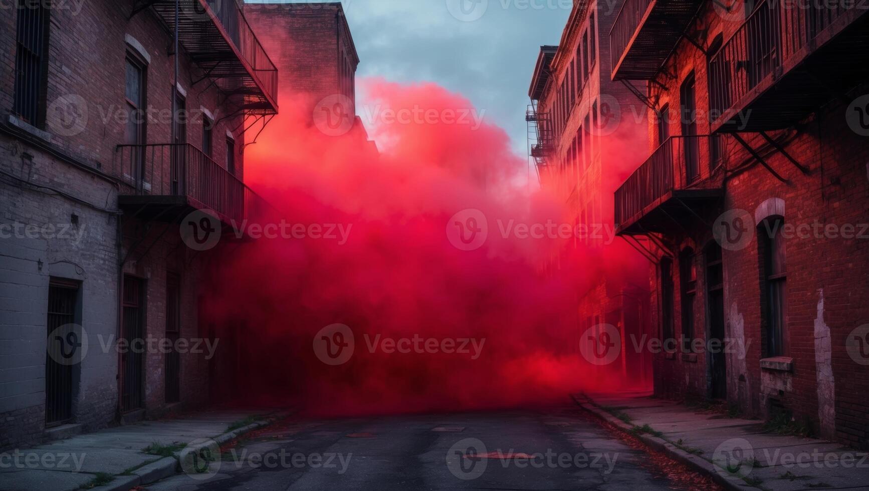 A red smoke cloud is blowing through an alley photo