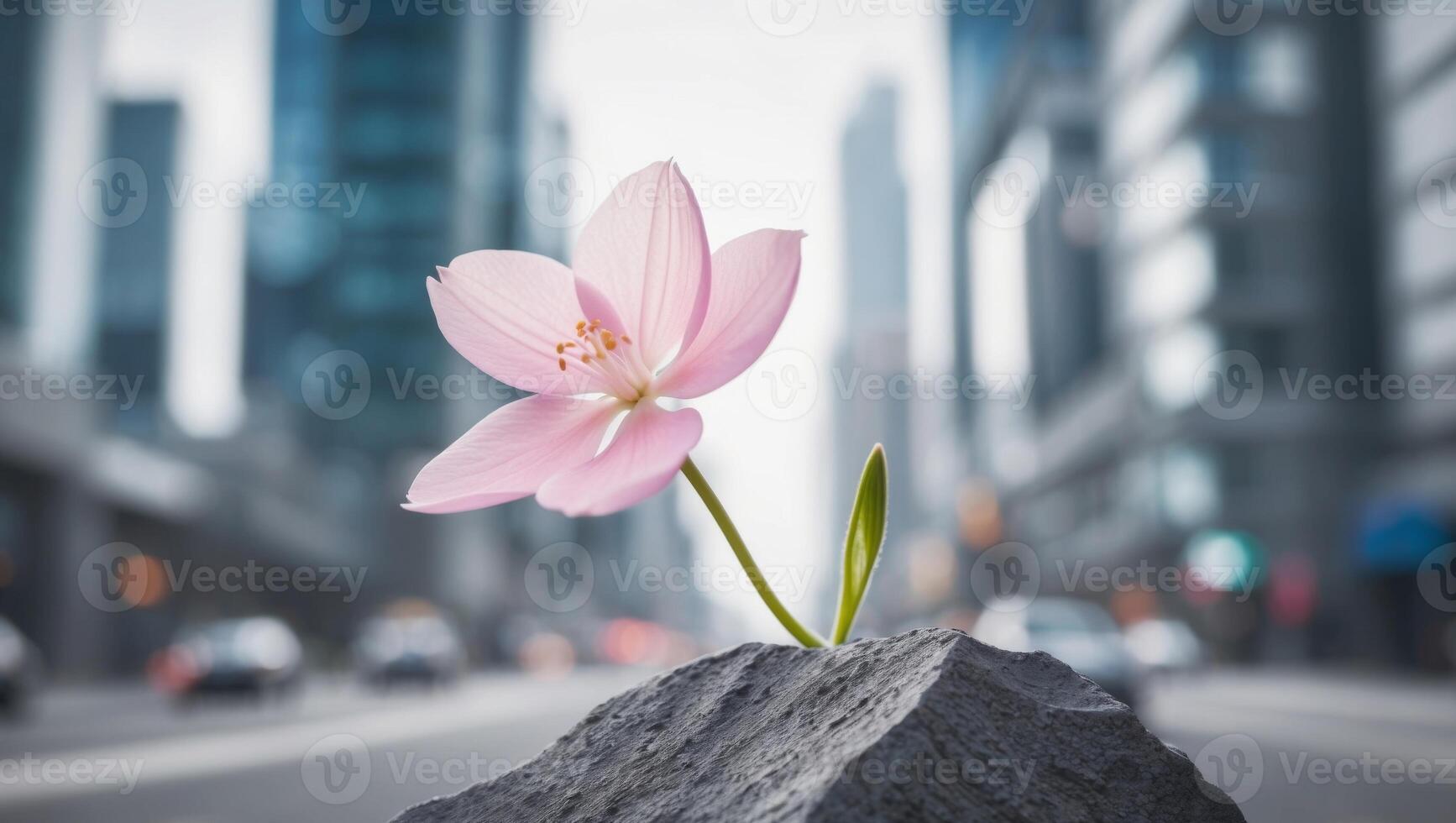 A pink flower growing out of a rock in the middle of a city photo