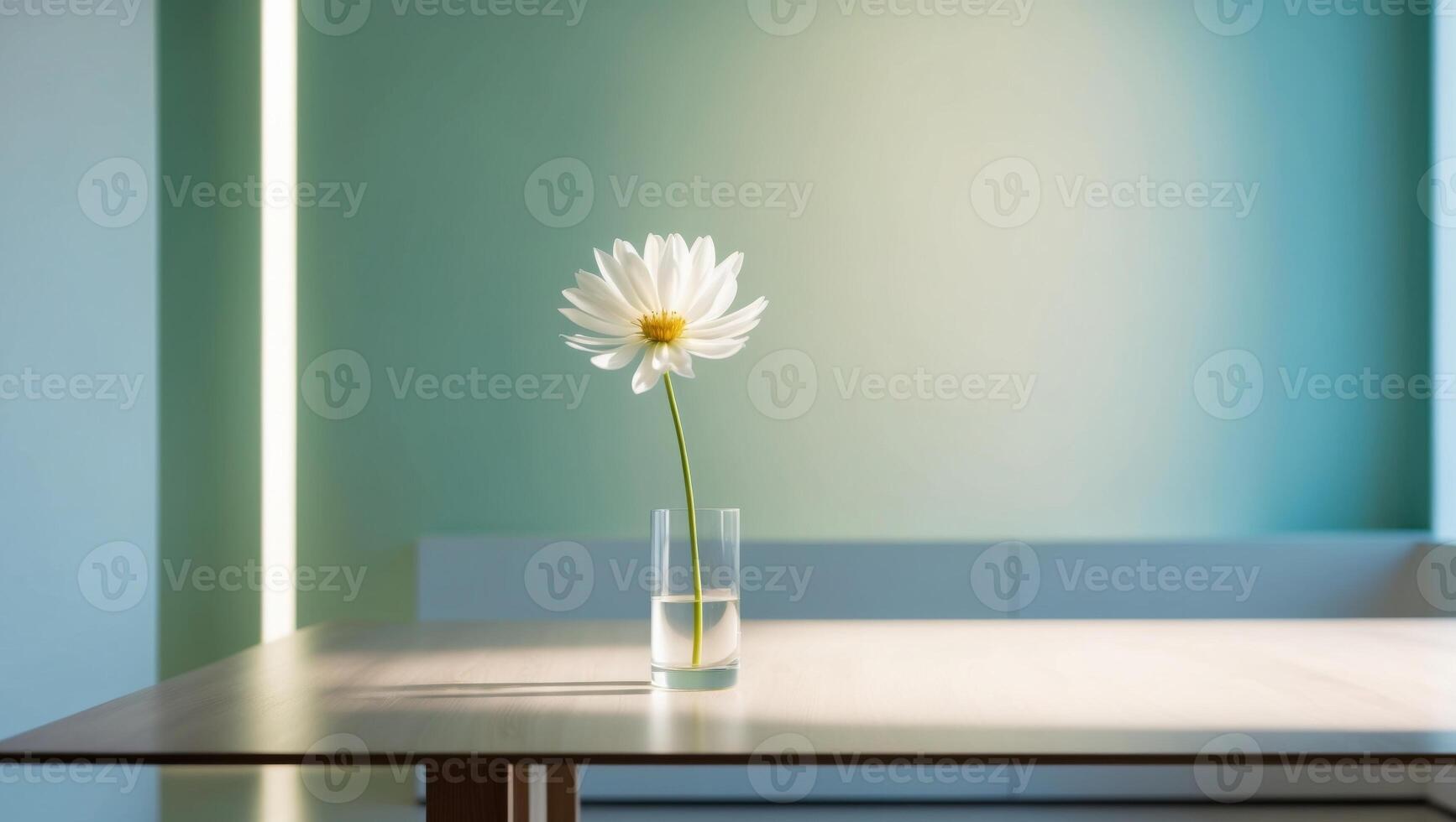 A white flower sits on a table in front of a green wall photo