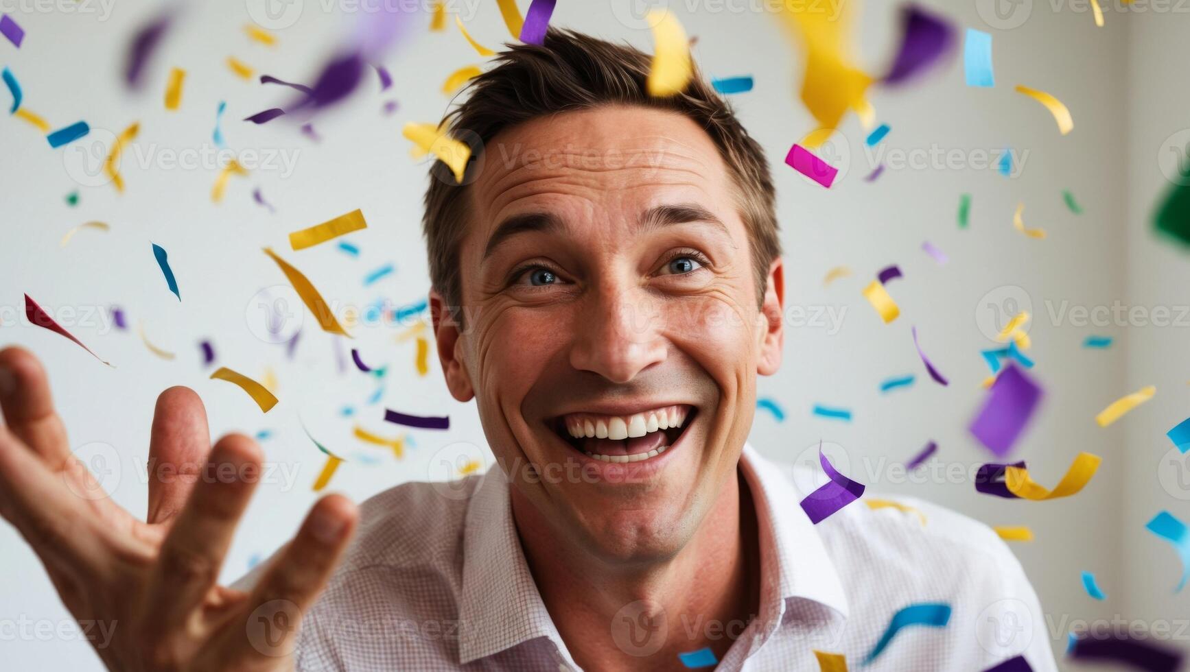 A man is smiling while throwing confetti photo