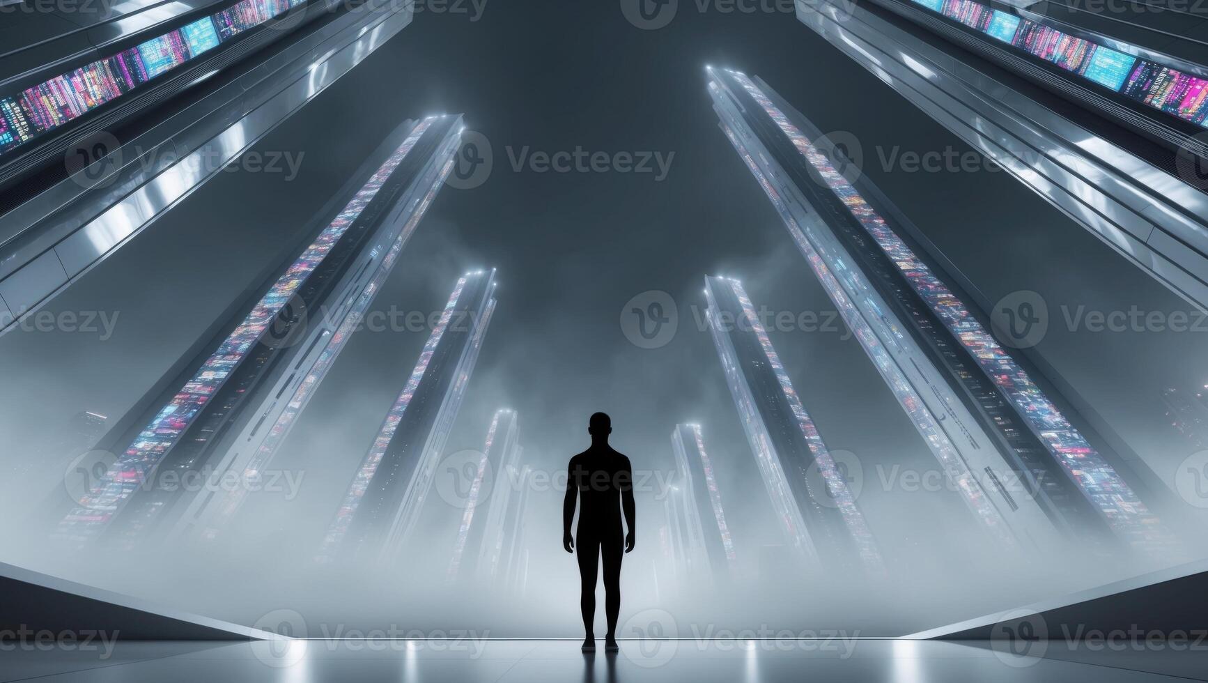 A man standing in front of a futuristic building photo