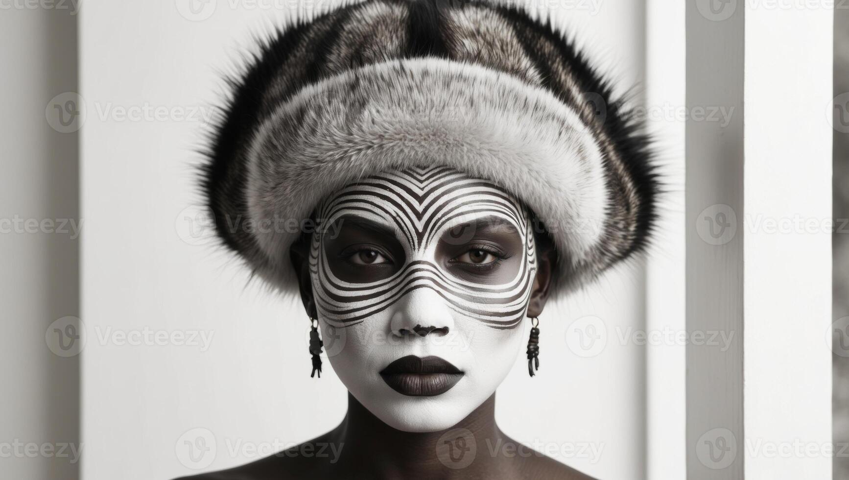 A woman with a zebra face paint and a fur hat photo