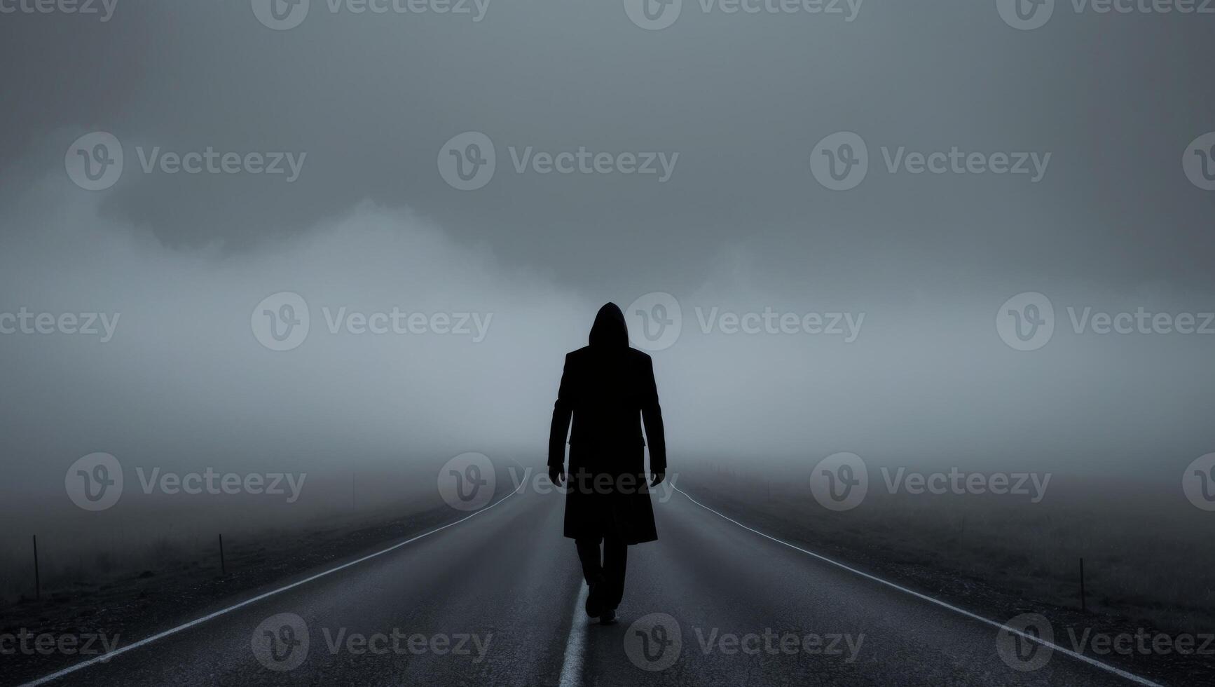 A person walking down an empty road in the fog photo