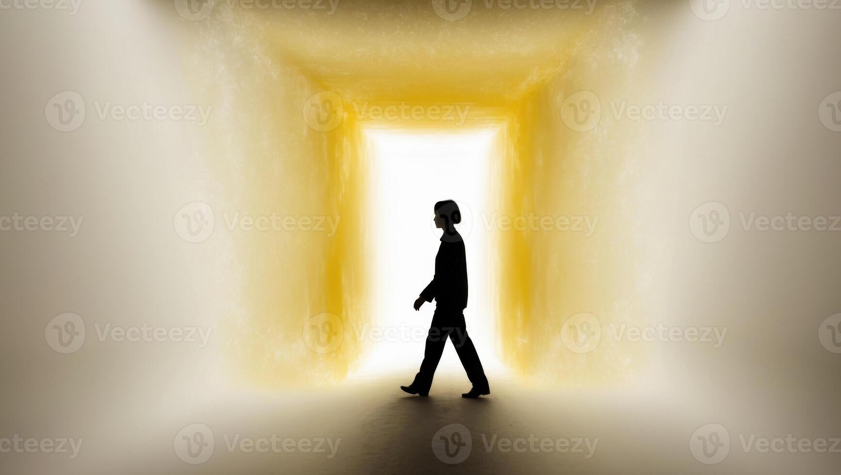 A man walking through a tunnel with light coming from the end photo
