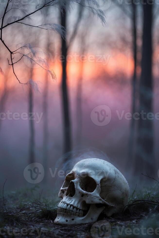Skull in the forest at sunset photo