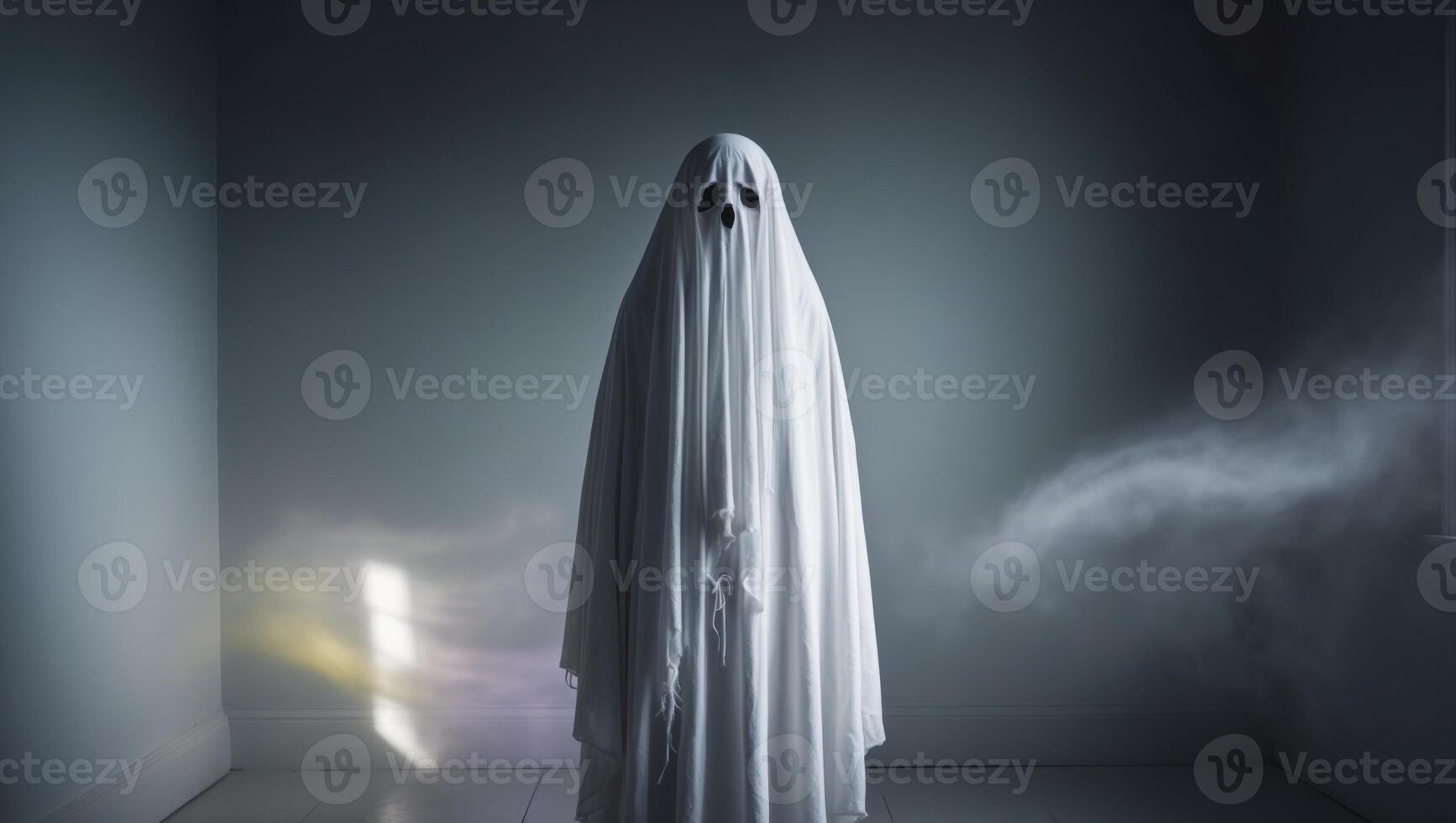 A ghostly figure standing in a room with smoke coming out of the wall photo