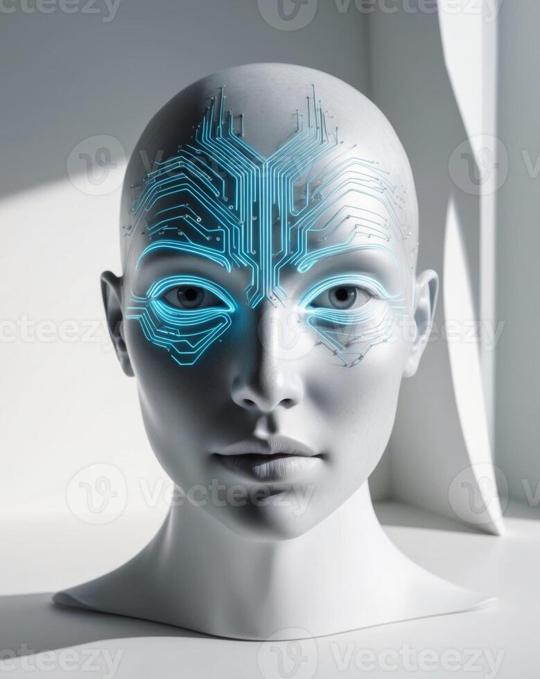 A robot head with a circuit board on it photo