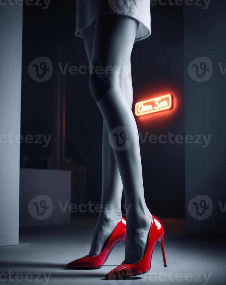 A woman in a red dress and high heels standing in front of a neon sign photo