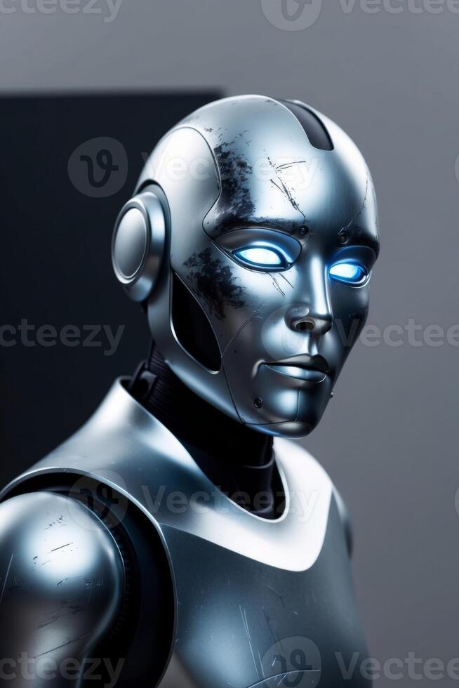 A robot with glowing eyes and a silver body photo