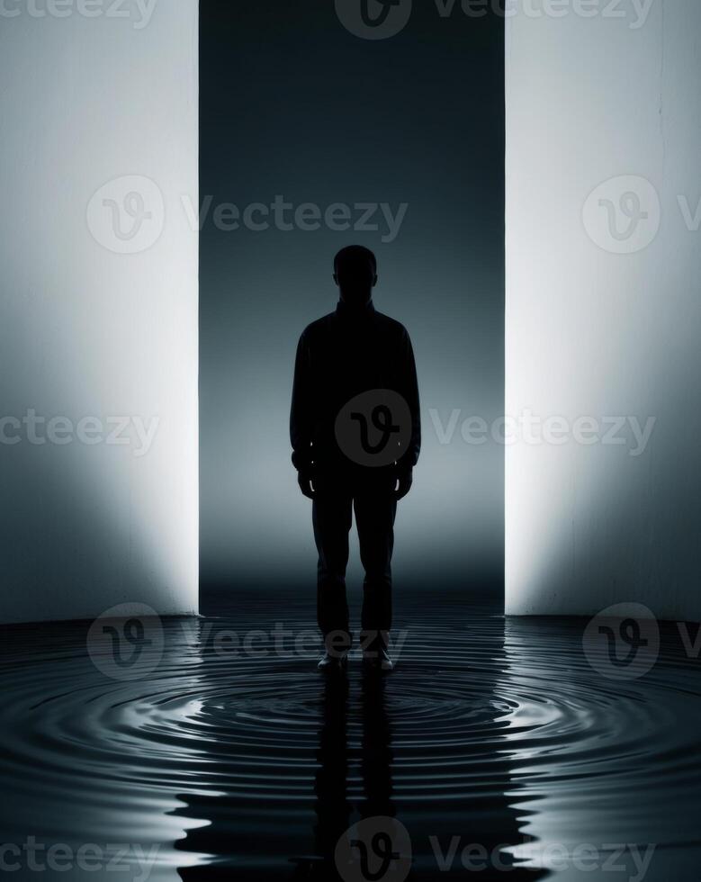 A man standing in front of a doorway with water coming out of it photo
