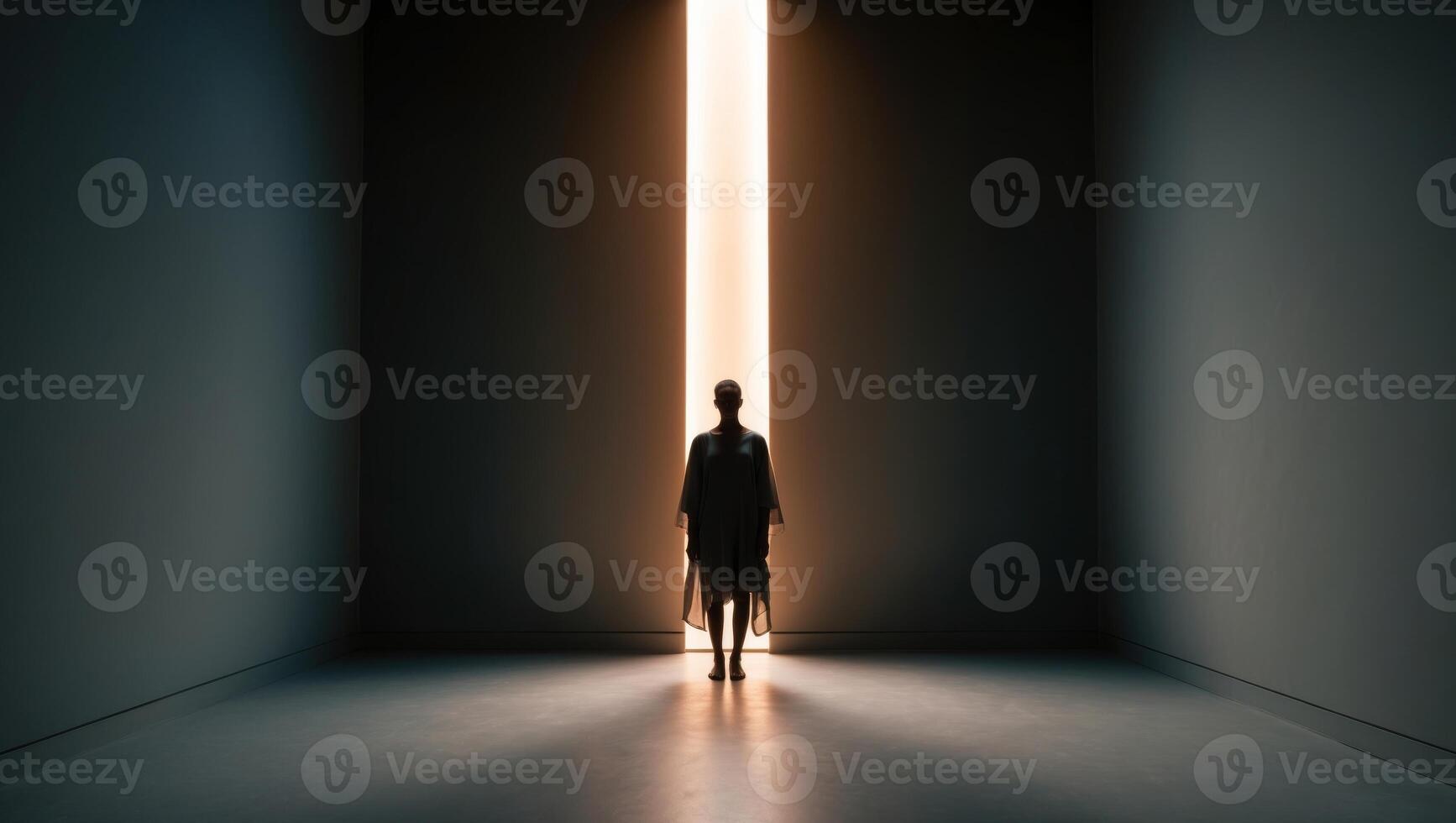 A person standing in a dark room with a light coming from the door photo