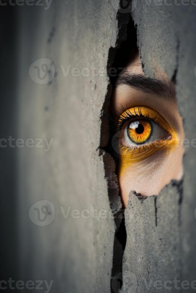 A woman with yellow eyes peeking out of a hole in a wall photo