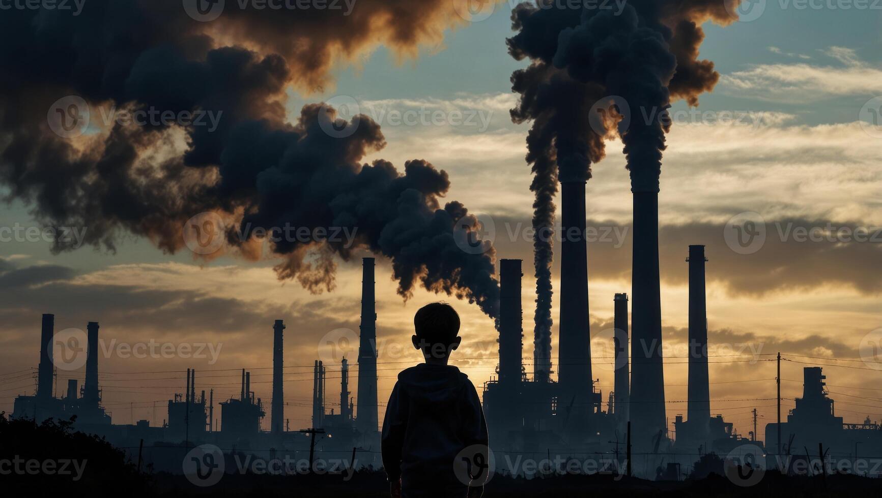A man standing in front of a factory with smoke coming out of it photo