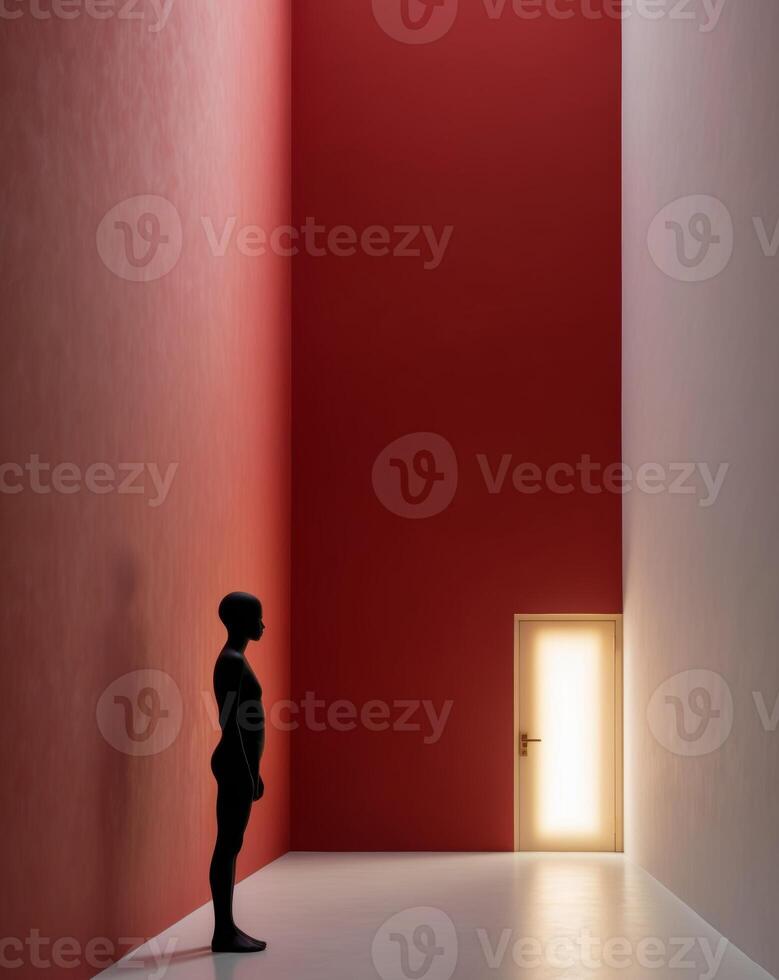 A silhouette of a person standing in an empty room with a door photo