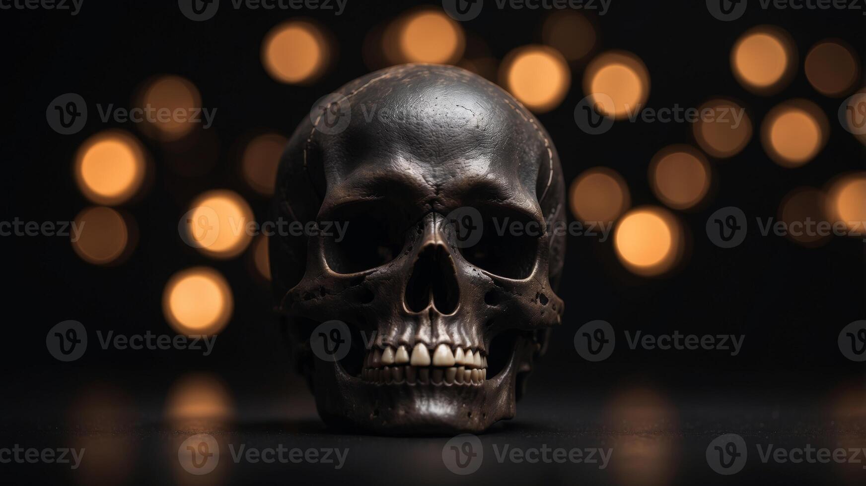 A skull with a black background and a bunch of candles photo