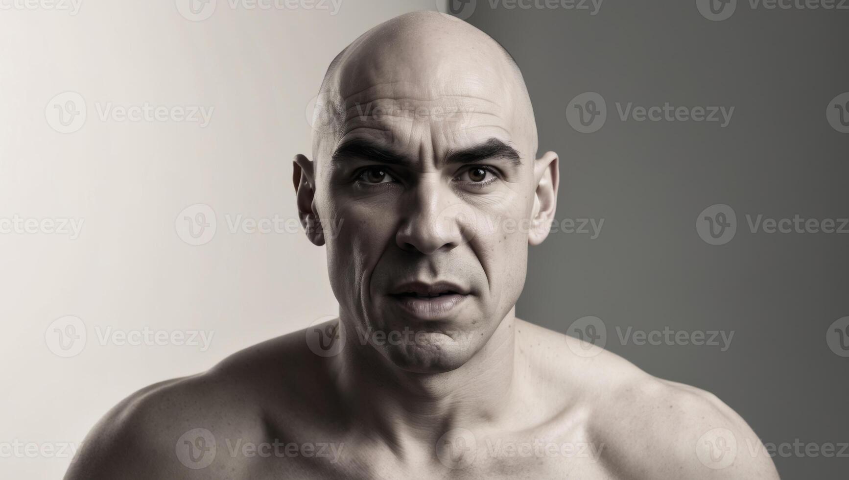 A bald man with no shirt on looking at the camera photo