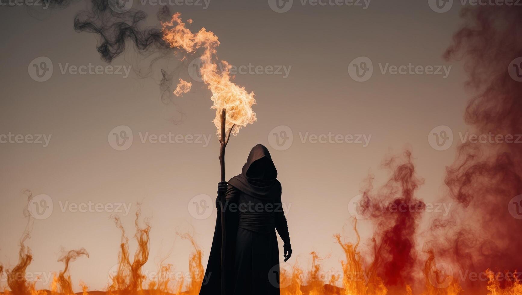 A man in a cloak standing in front of a fire photo