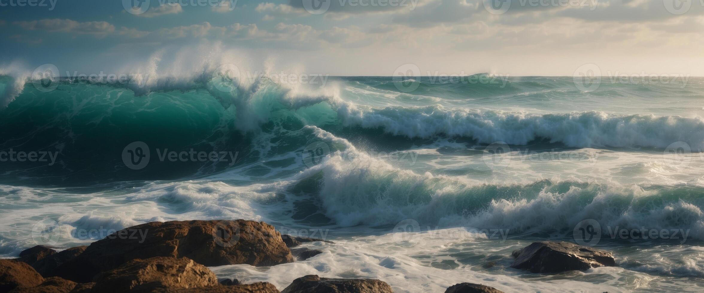 A large wave crashing on the rocks photo