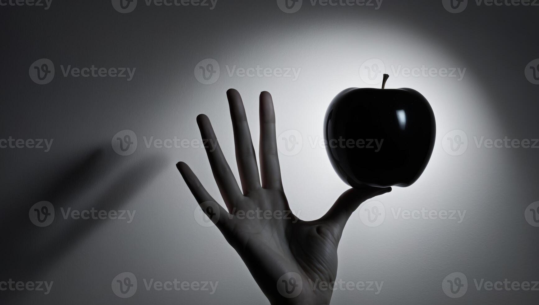 A hand holding an apple in front of a light photo