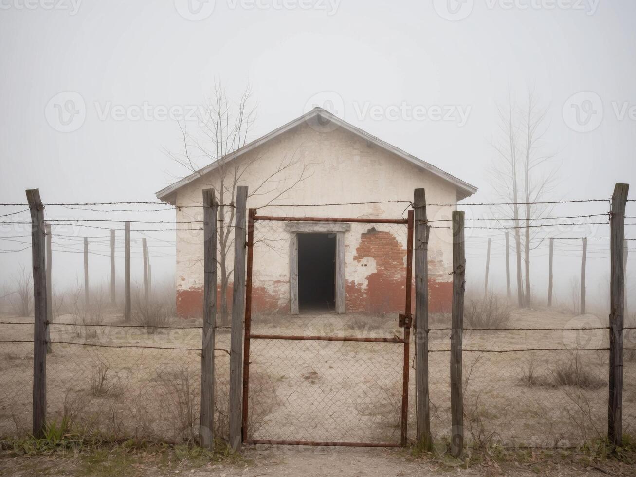An old abandoned building in the fog photo