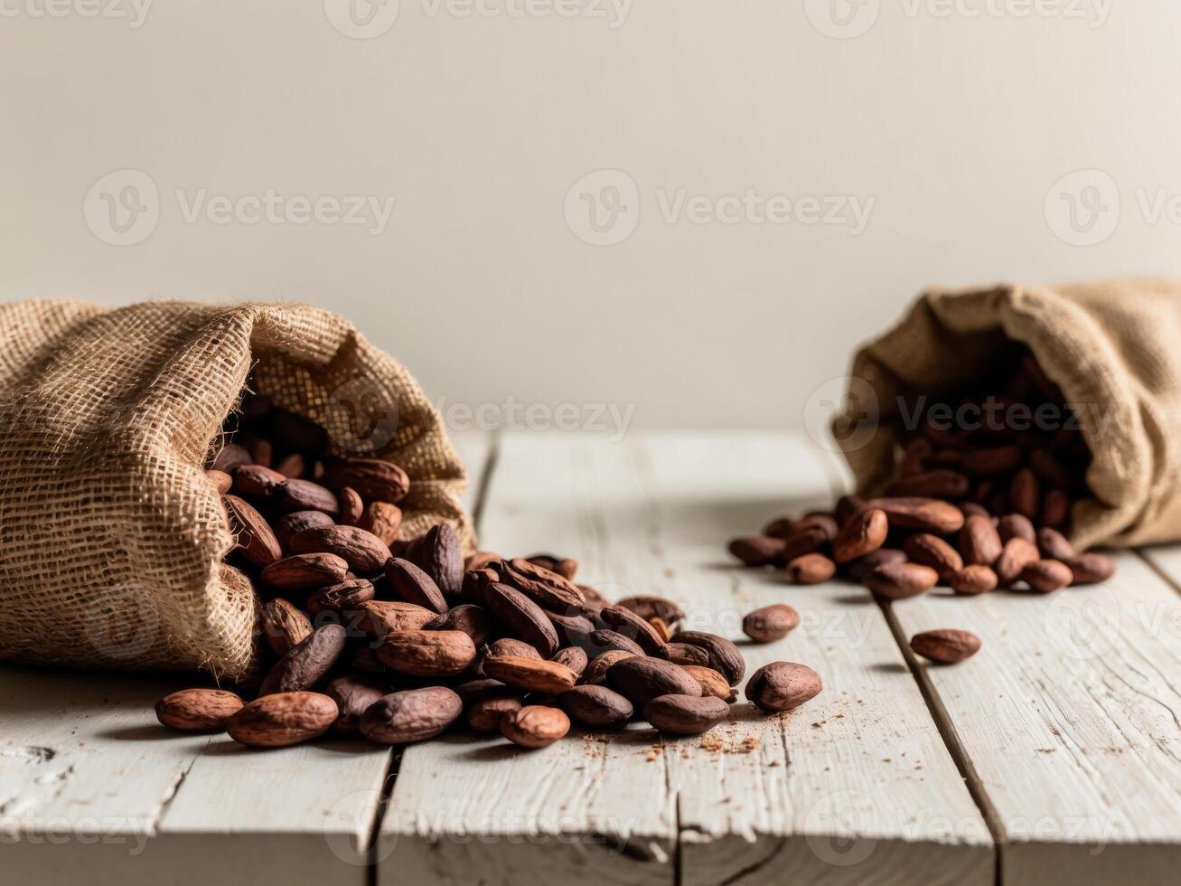 Cocoa beans in a sack on a wooden table photo
