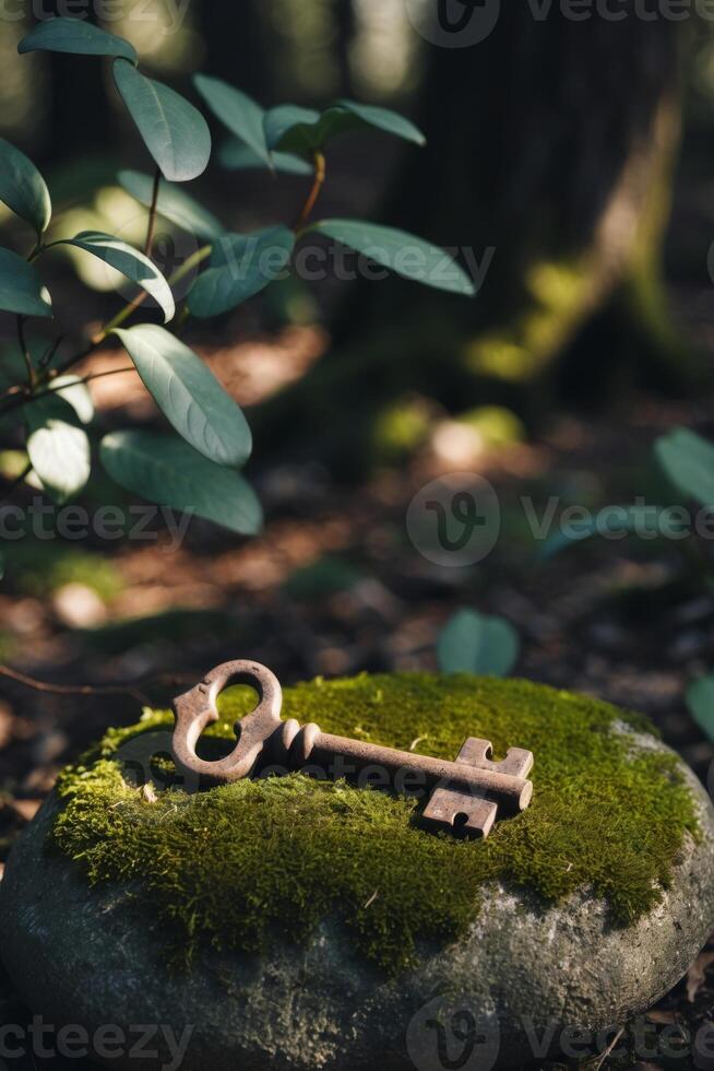 A key is sitting on top of a rock in the woods photo