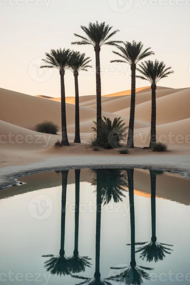 Reflection of palm trees in a pool in the desert photo