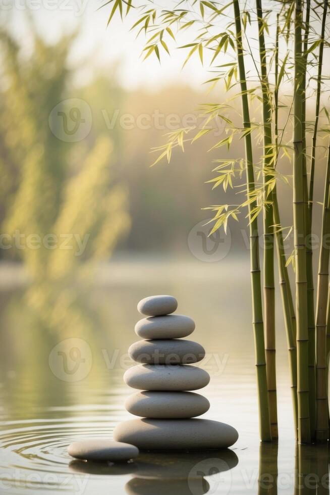 Zen stones in the water with bamboo trees photo