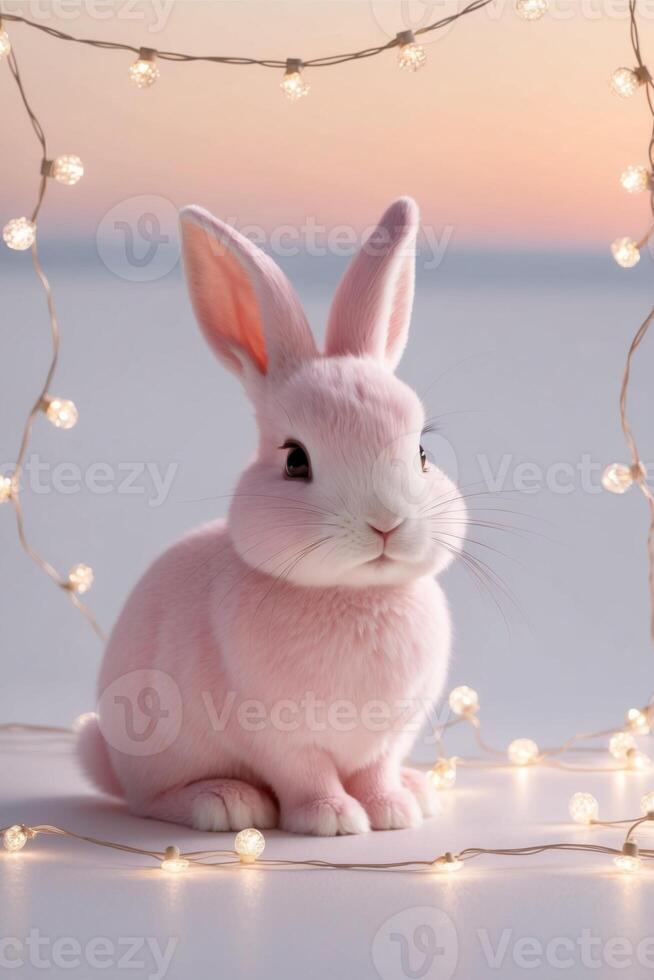 A pink rabbit is sitting in front of a frame of lights photo