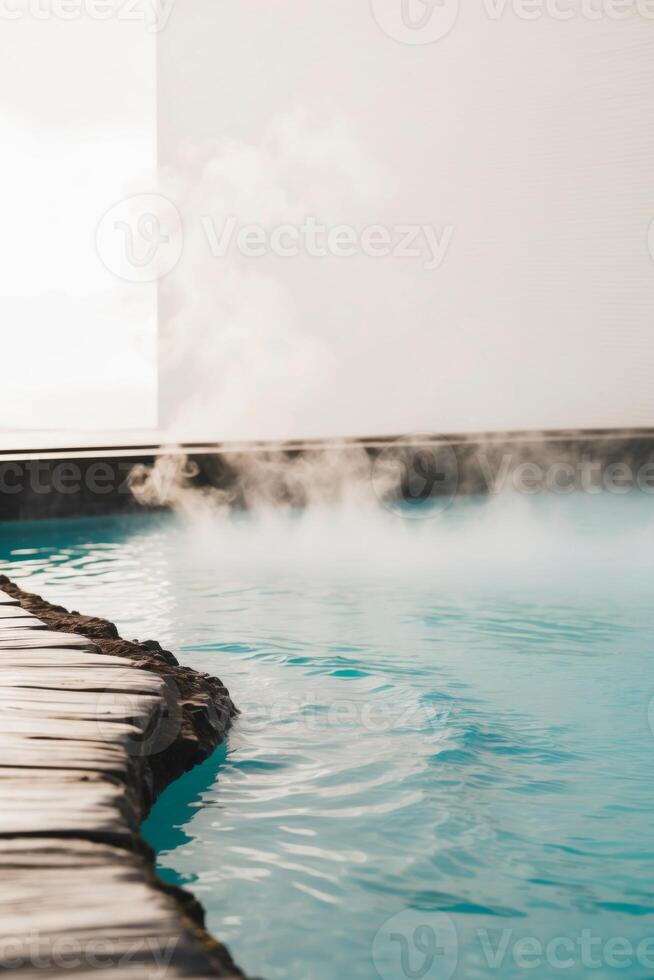A man standing in front of a pool with steam coming out photo