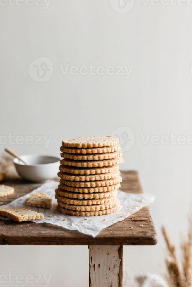 A stack of biscuits on a wooden table photo
