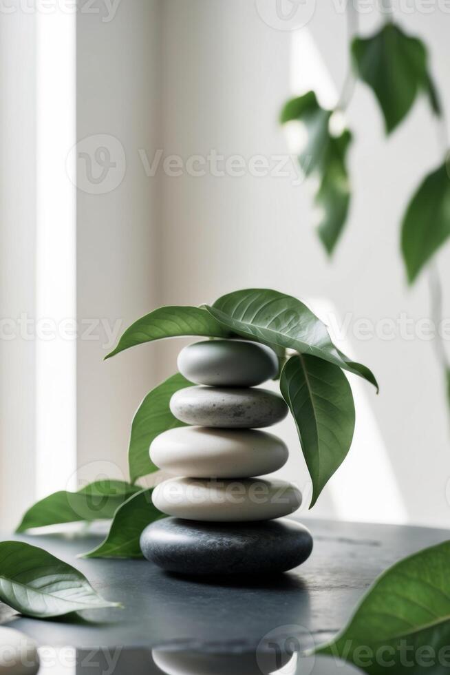 A stack of stones with leaves on top photo