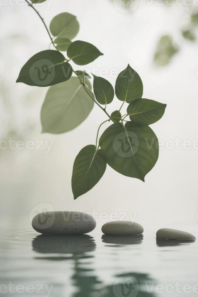 Three stones and a leaf on a pond photo