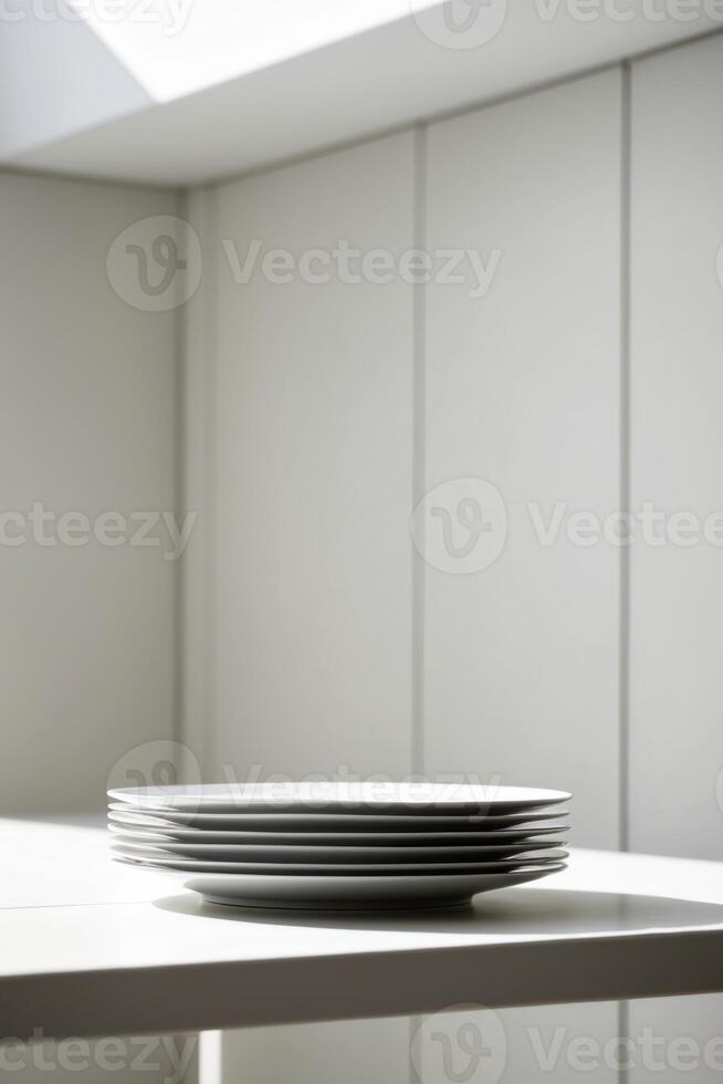 A stack of plates on a table in a room photo