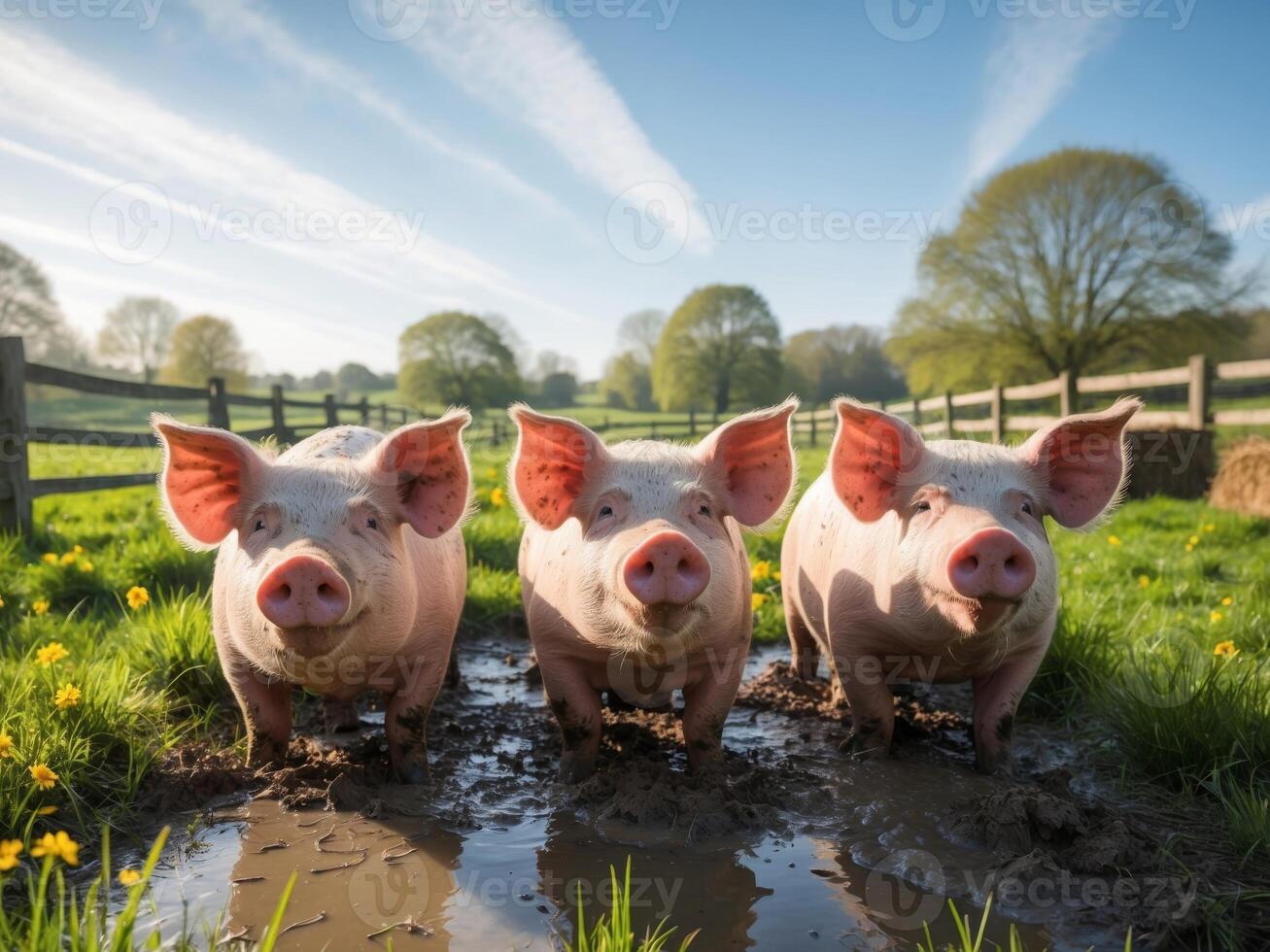 Three pigs standing in a muddy field photo